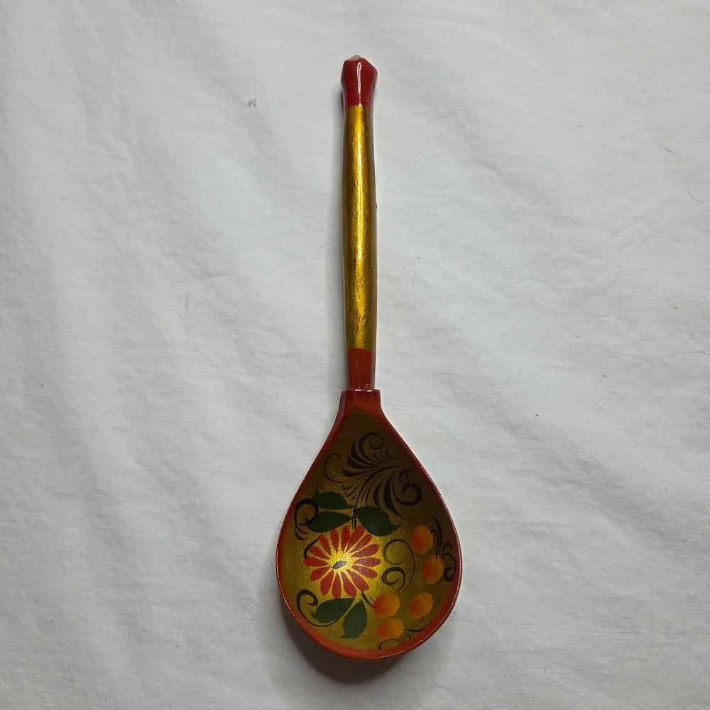 Hand Painted Wooden Spoon Russian Khokhloma Style Floral‎ Design Gold Red Green